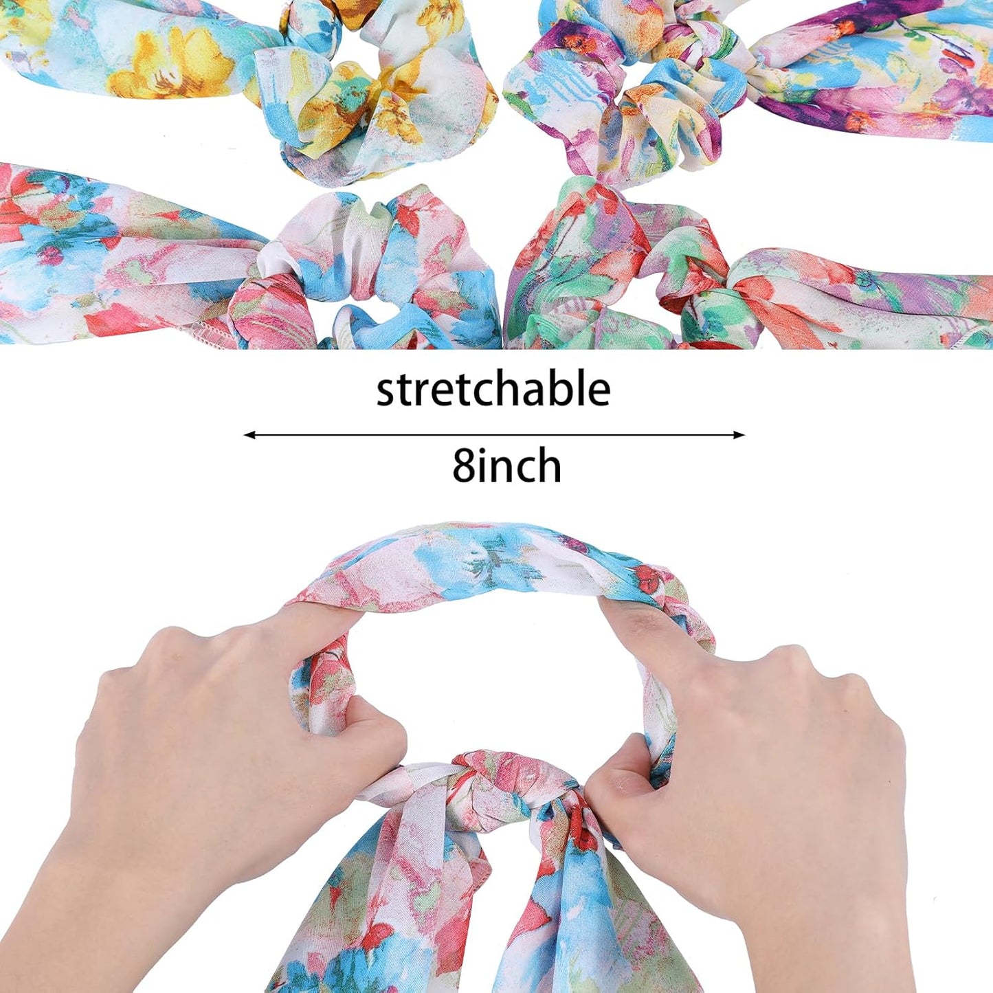 Scarf Scrunchie for Women Girls，6PCS Bow Scrunchie Hair Scarf Ties，Tie Dye Flower Hair Scrunchies Ponytai Ribbons Fashion Accessories for Thick Hair