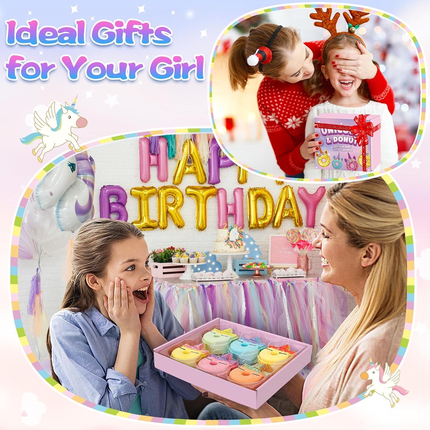 Bath Bombs for Girls,6 Packs Unicorn Donut Bubble Bath Bathbombs with Surprise Toys Inside, Bath Toys for Kids Age 4-8, Birthday Christmas Basket Stuffer Gifts for Girls 3 4 5 6 7 8