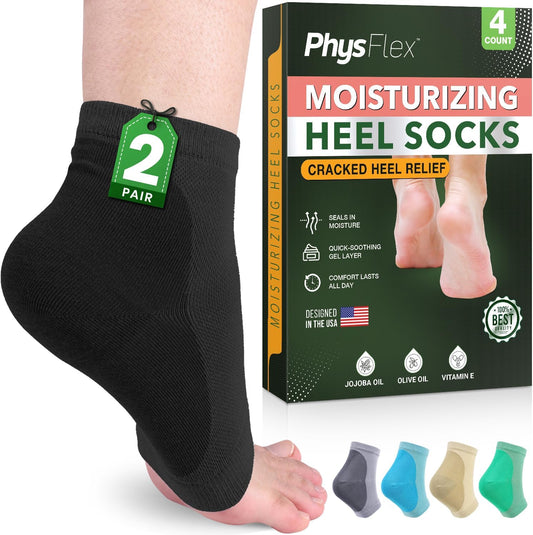 Moisturizing Heel Socks for Cracked Heels - Gel Socks for Dry Cracked Feet Repair - Silicone Socks for Women’s Foot Treatment & Overnight Hydration (Black, 2-Pair)