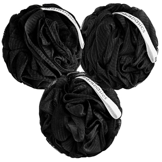 MainBasics Bath Shower Loofah Sponge Pouf Body Scrubber Exfoliator Body Wash Sponge (Set of 3, Triple Black)