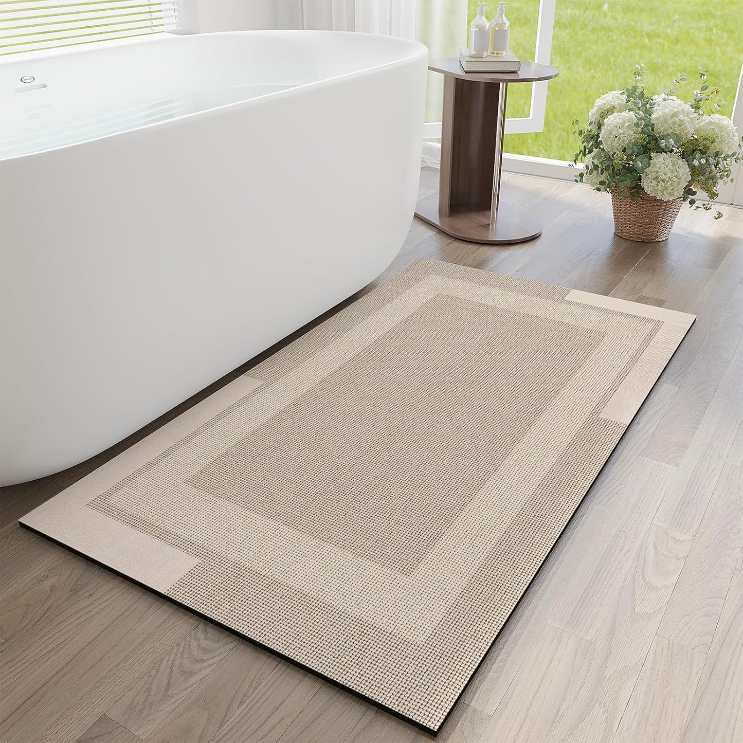 Non Slip Long Bath Mat Bathroom Runner, Rubber Backing Ultra Thin Bathroom Rugs Fit Under Door Quick Dry Super Absorbent Washable Bath Rug Shower Mat for Bathtub Sink Floor, Beige 24"x48"
