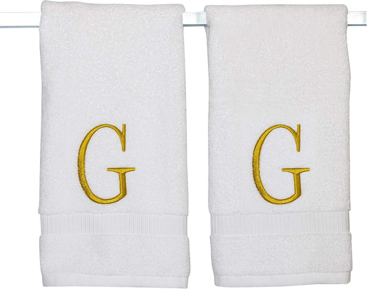 Monogrammed Hand Towels for Bathroom - Luxury Hotel Quality Personalized Initial Decorative Embroidered Bath Towel for Powder Room, Spa - GOTS Organic Certified - Set of 2 Gold Letter G