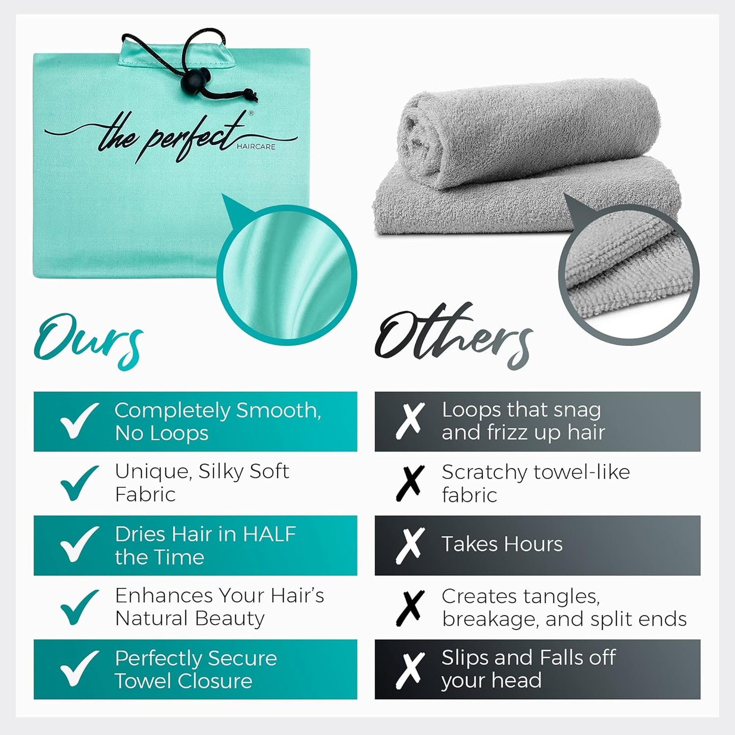 THE PERFECT HAIRCARE Microfiber Hair Large Towels Wrap for Women - Smooth as Silk - Anti-Frizz for Curly, Wavy, Straight Hair Girls - Plopping Essential - Easier to Use Than a T-Shirt - 2 Pack