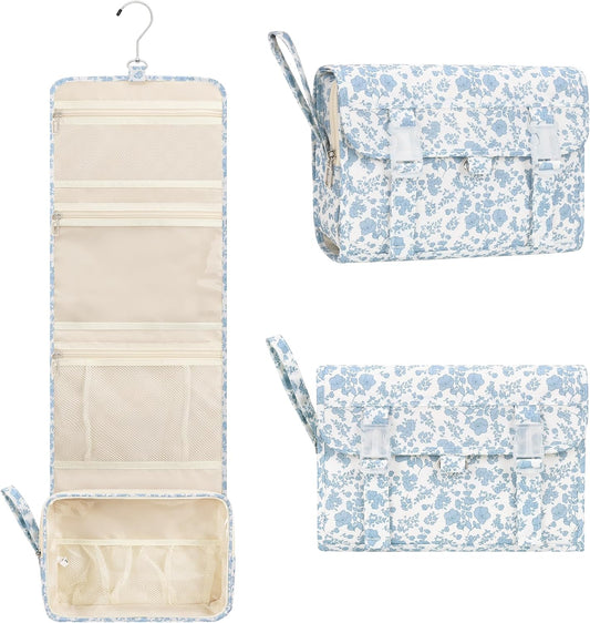 Hanging Toiletry Bag, Travel Toiletries Bag with Hanging Hook, Water Resistant Makeup Cosmetic Organizer for Full Sized Container, Shampoo, Portable Wash Bag for Travel Size Essentials - Blue Flower