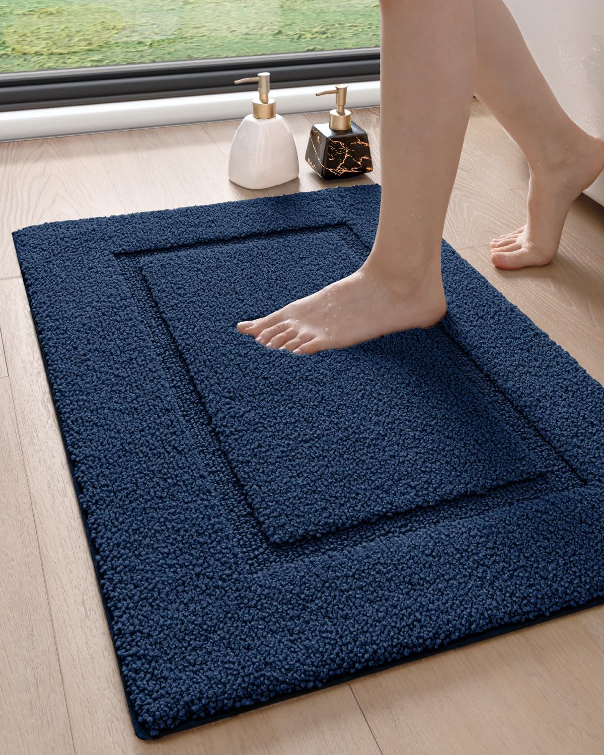 DEXI Bathroom Rugs 24x16, Washable Non Slip Bath Mat for Shower Floor, Absorbent Quick Dry Bathmat with Rubber Backing, Ultra Soft Plush Carpet for Tub, Navy