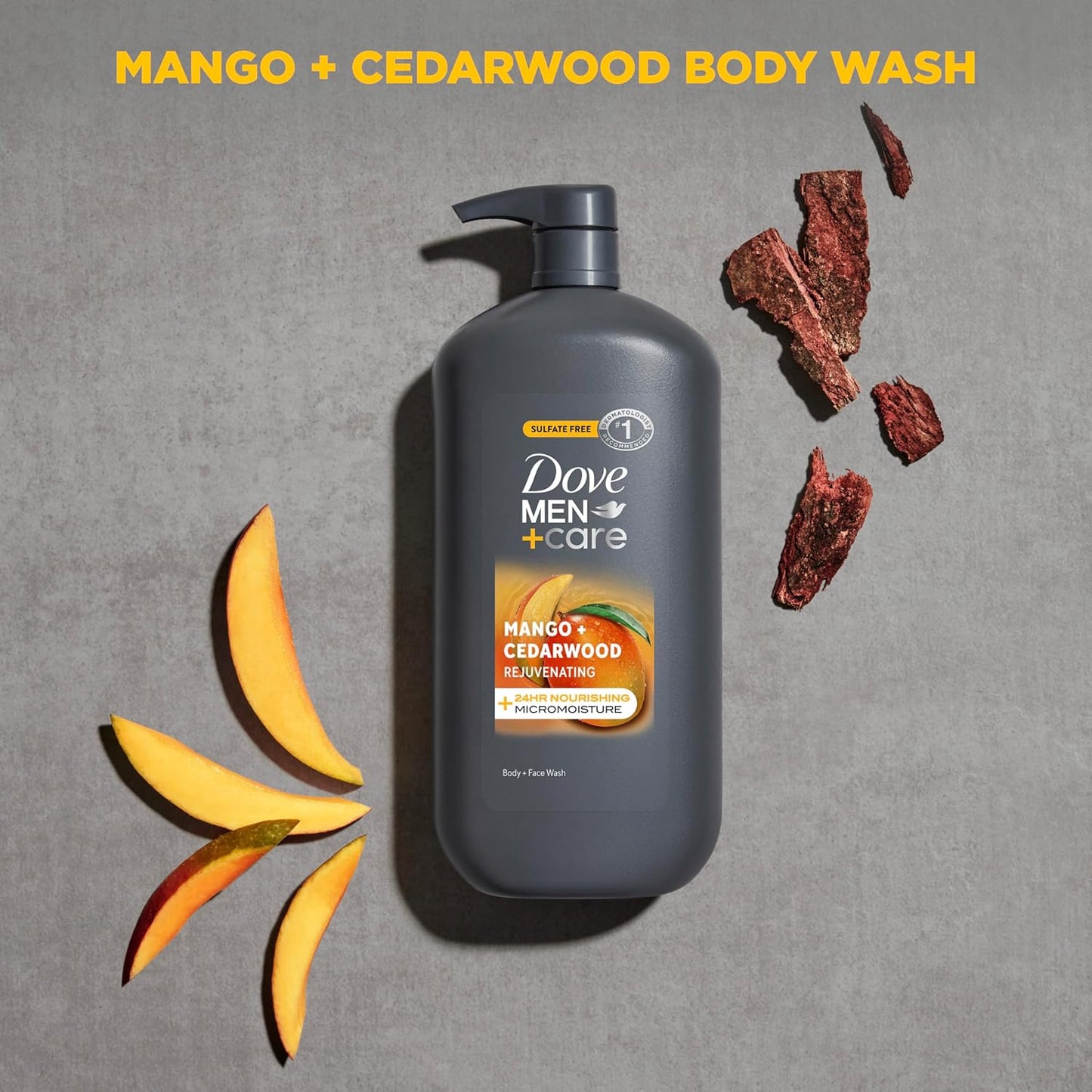 DOVE MEN + CARE body and face wash rejuvenating mango + cedarwood for Men, with 24-Hour Nourishing Micromoisture Technology, 30 oz