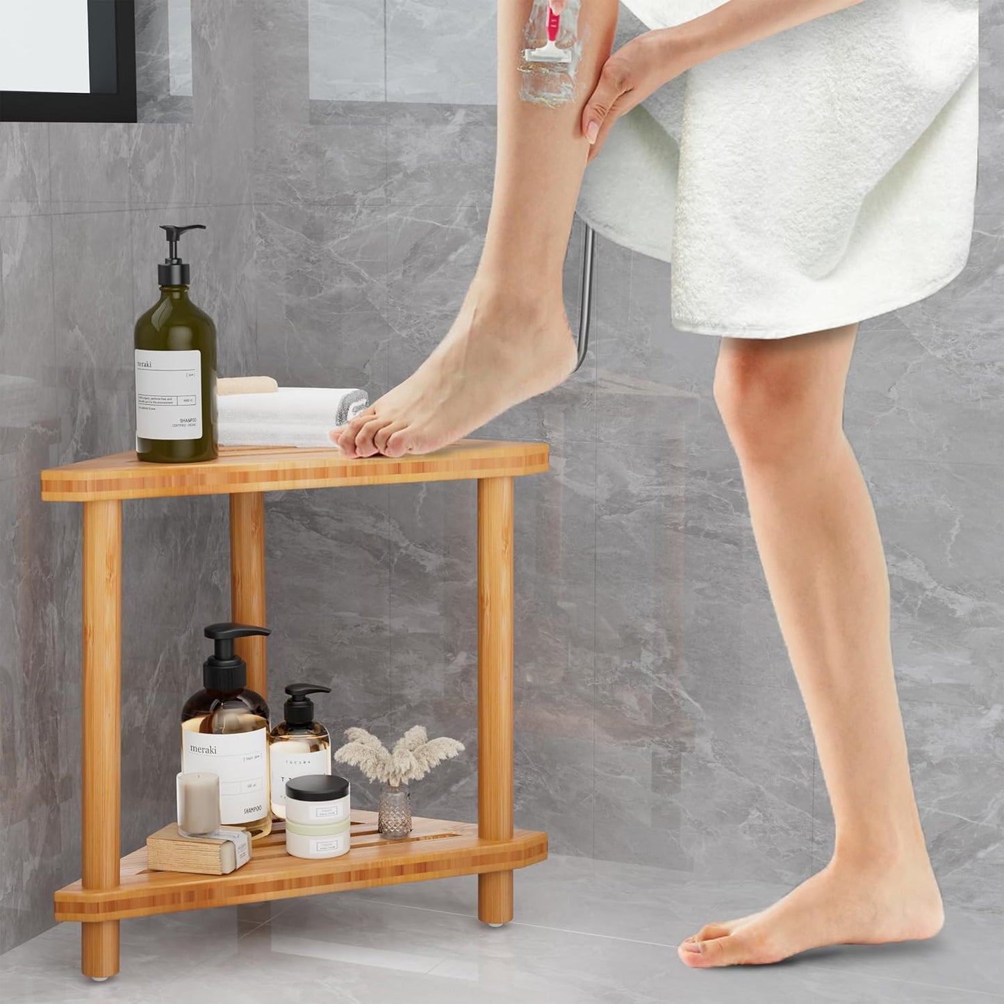 Ollieroo Bamboo Corner Shower Stool for Shaving Legs, 2-Tier Shower Stool for Inside Shower, Shower Foot Stool with Storage Shelf(Natual)