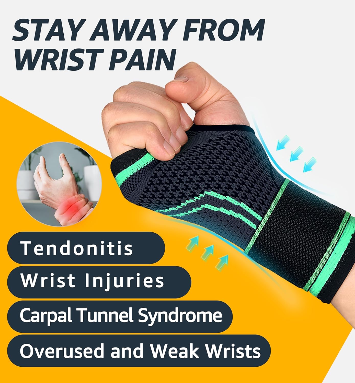 HiRui 2-Pack Wrist Brace Wrist Wraps, Hand Compression Sleeves with Wrist Straps Support for Fitness Weightlifting MTB Tendonitis Carpal Tunnel Arthritis Pain Relief (Green, Small)