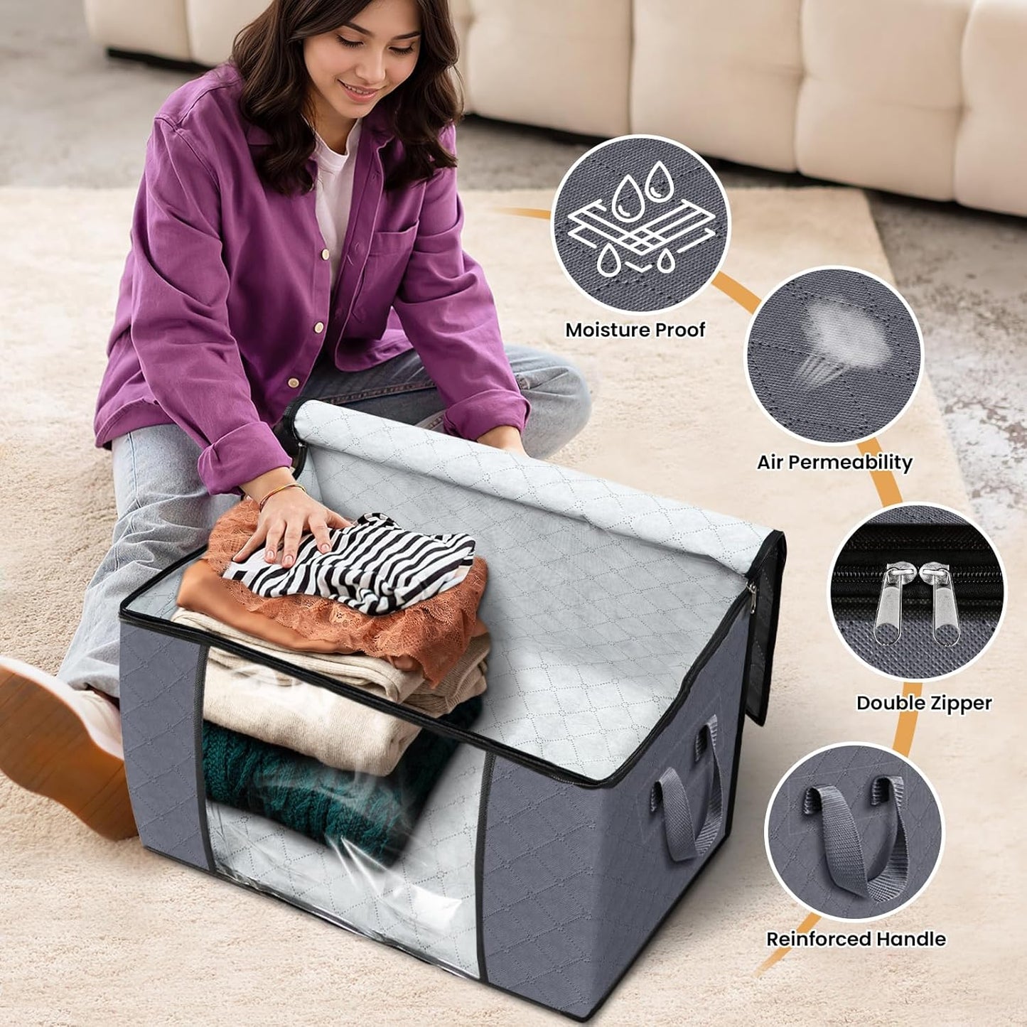 Fab totes 24 Gallons Clothes Storage, Foldable Thick Fabric Blanket Storage Bags, Containers for Organizing Bedroom, Closet, Clothing, Comforter, Organization with Handle (3 Pack,Grey)