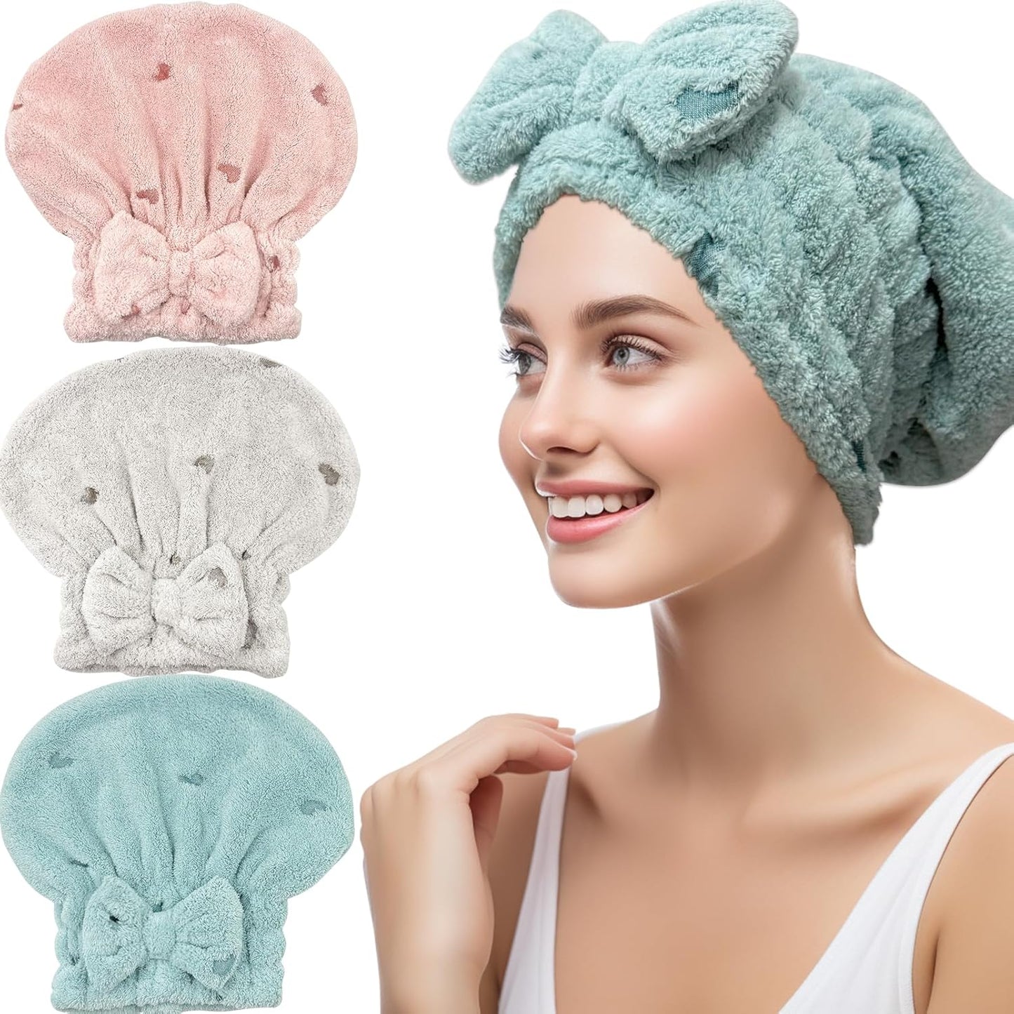 Jseng 3Packs Microfiber Hair Towel for Women - Quick-Drying, Super Absorbent Hair Wrap with Bow Design, Soft Hair Towel Turban for Curly Long Wet Hair