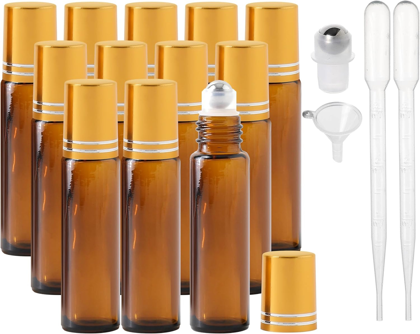 Essential Oil Roller Bottles, 10ml Thick Glass Perfume Roller Bottles with Funnel Opener and Dropper Colored Glass Empty Bottles with Stainless Steel Roller Balls (Brown - golden cover, 12 Pack)