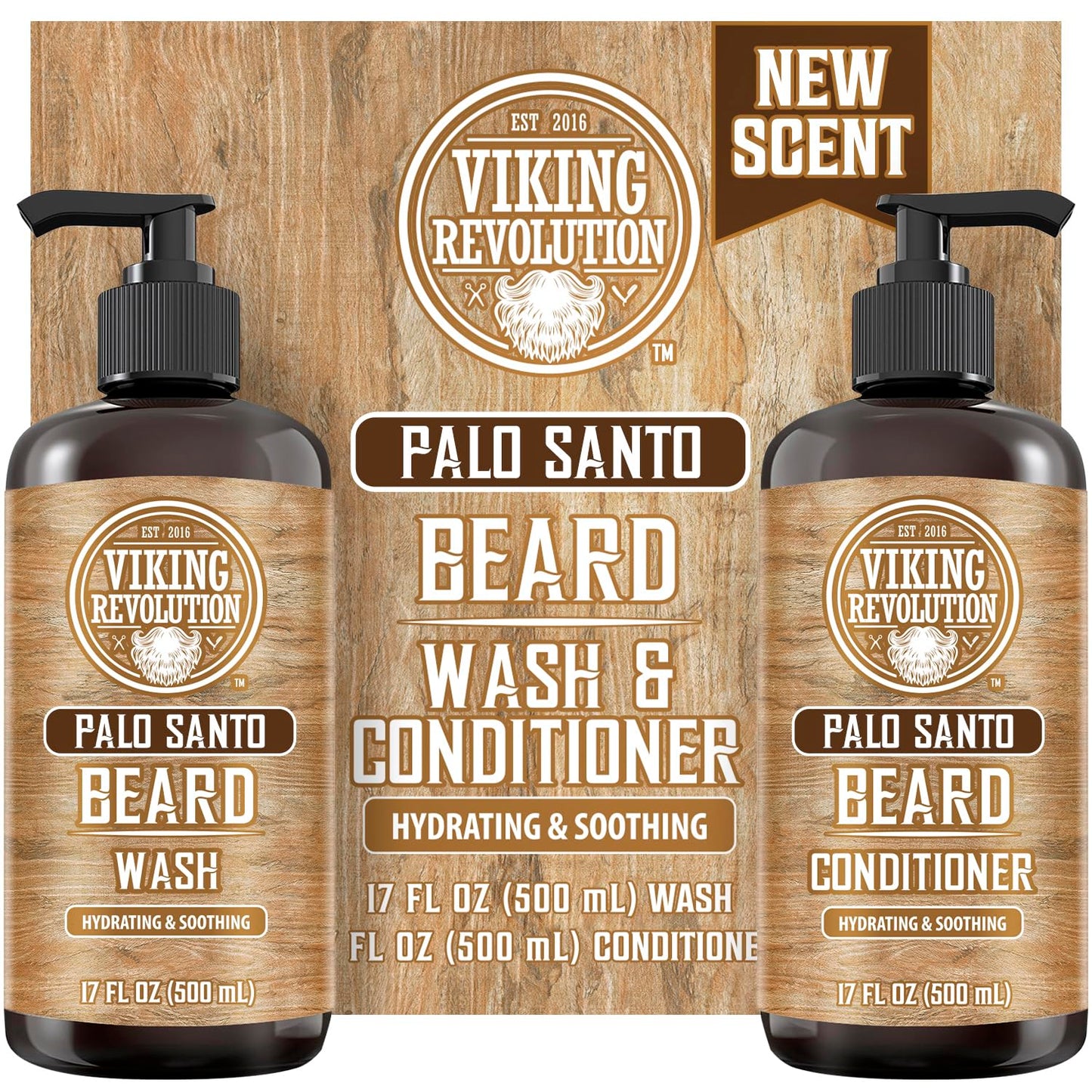 Viking Revolution Palo Santo Beard Wash and Beard Conditioner Set with Argan and Jojoba Oils - Softens and Strengthens - Natural Palo Santo Scent - Beard Shampoo with Ginseng Root Extract (17 oz)