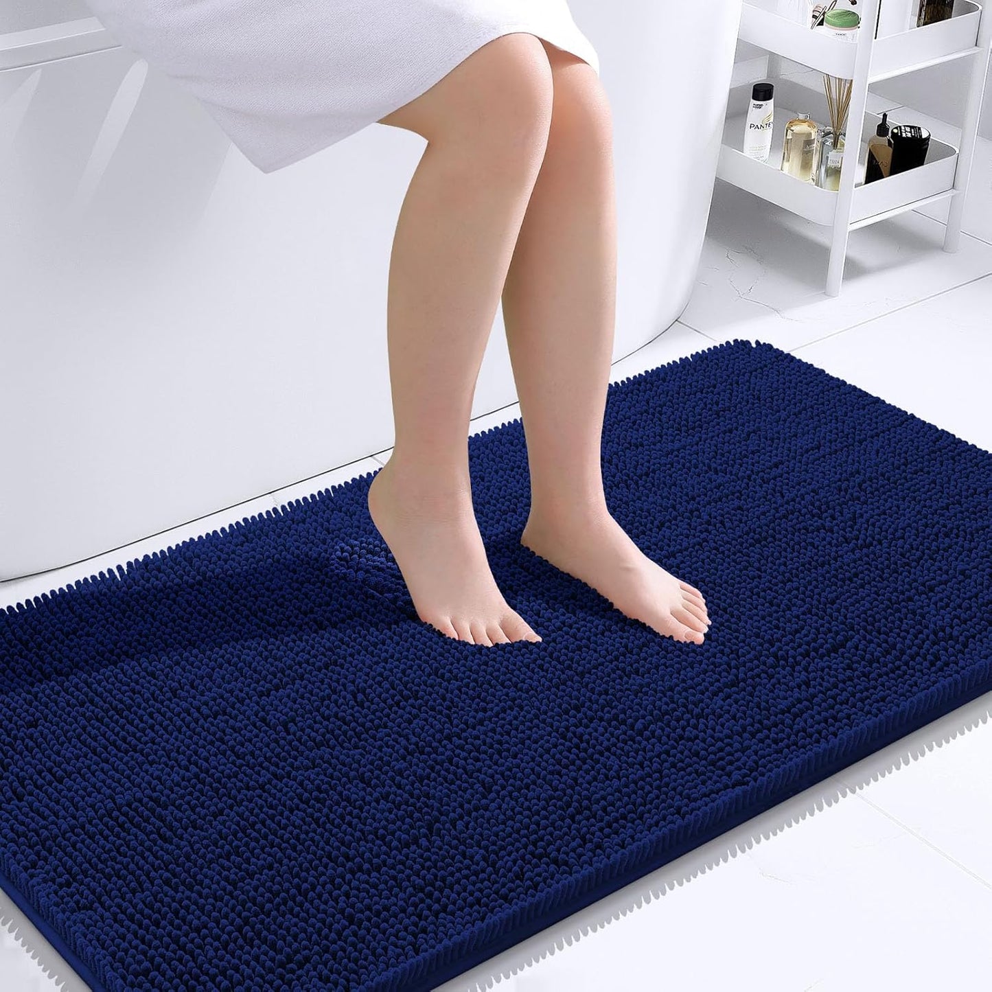 OLANLY Bathroom Rugs 40x24, Extra Soft Absorbent Chenille Bath Rugs, Rubber Backing Quick Dry, Machine Washable Bath Mats for Bathroom Floor, Tub and Shower, Home Decor Accessories, Navy