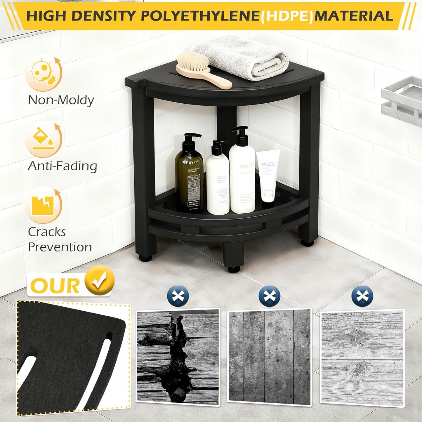 HDPE Corner Shower Stool for Shaving Legs, Waterproof Shower Stool with Storage Shelf for Bathroom,Black