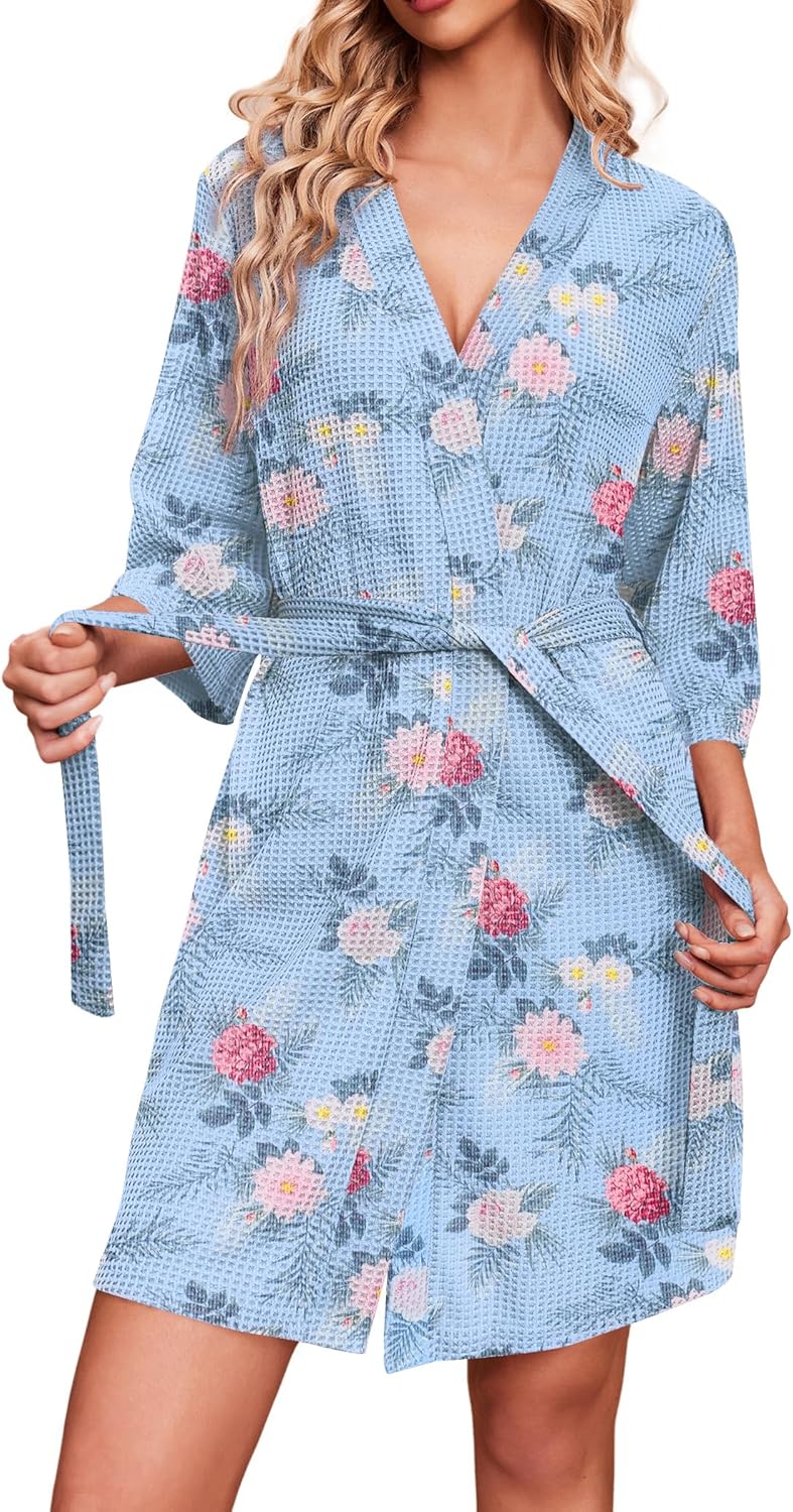 Ekouaer Robes for Women Waffle Knit Bathrobe Soft Lightweight Knee Length Loungewear S-XXL