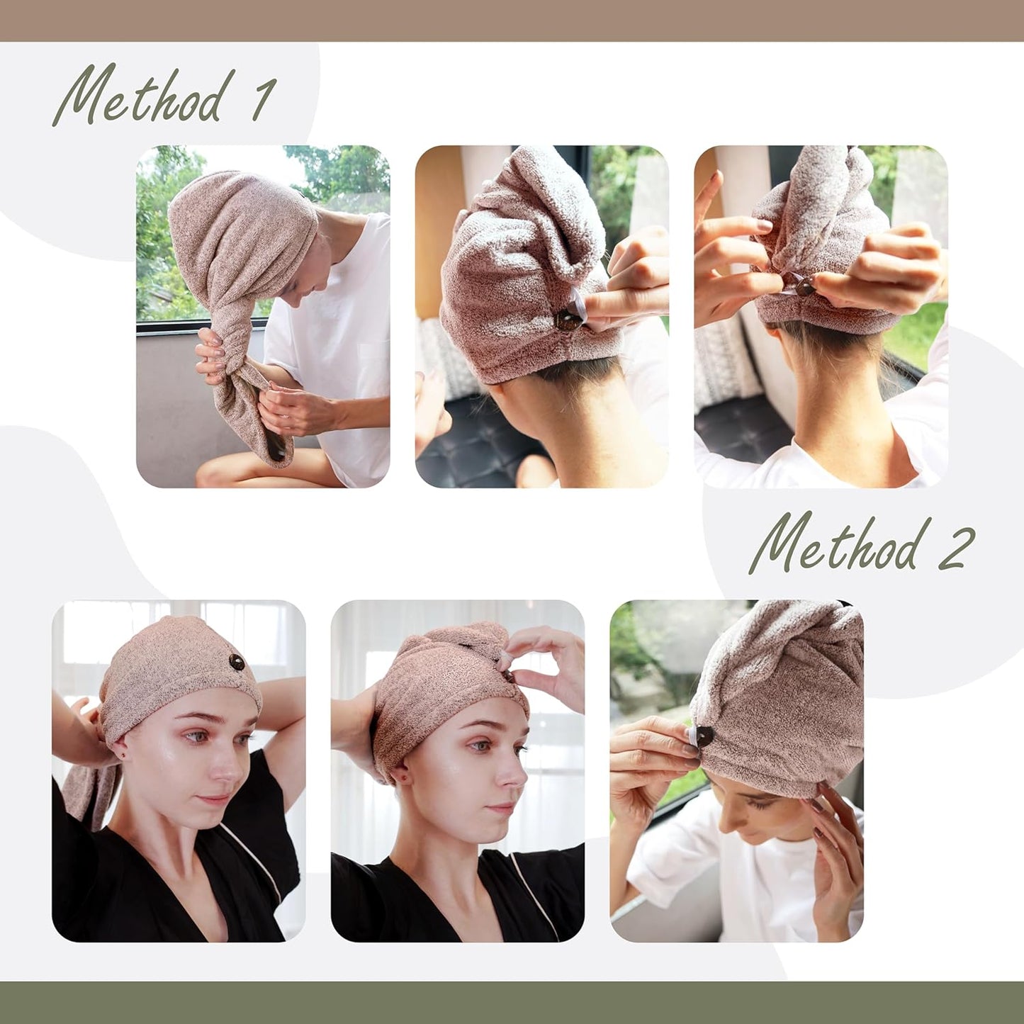 myHomeBody Hair Towel Wrap, Luxury Quick Drying Turban, Ultra Soft Absorbent Charcoal Fiber Cap, with Coconut Shell Button - Pink