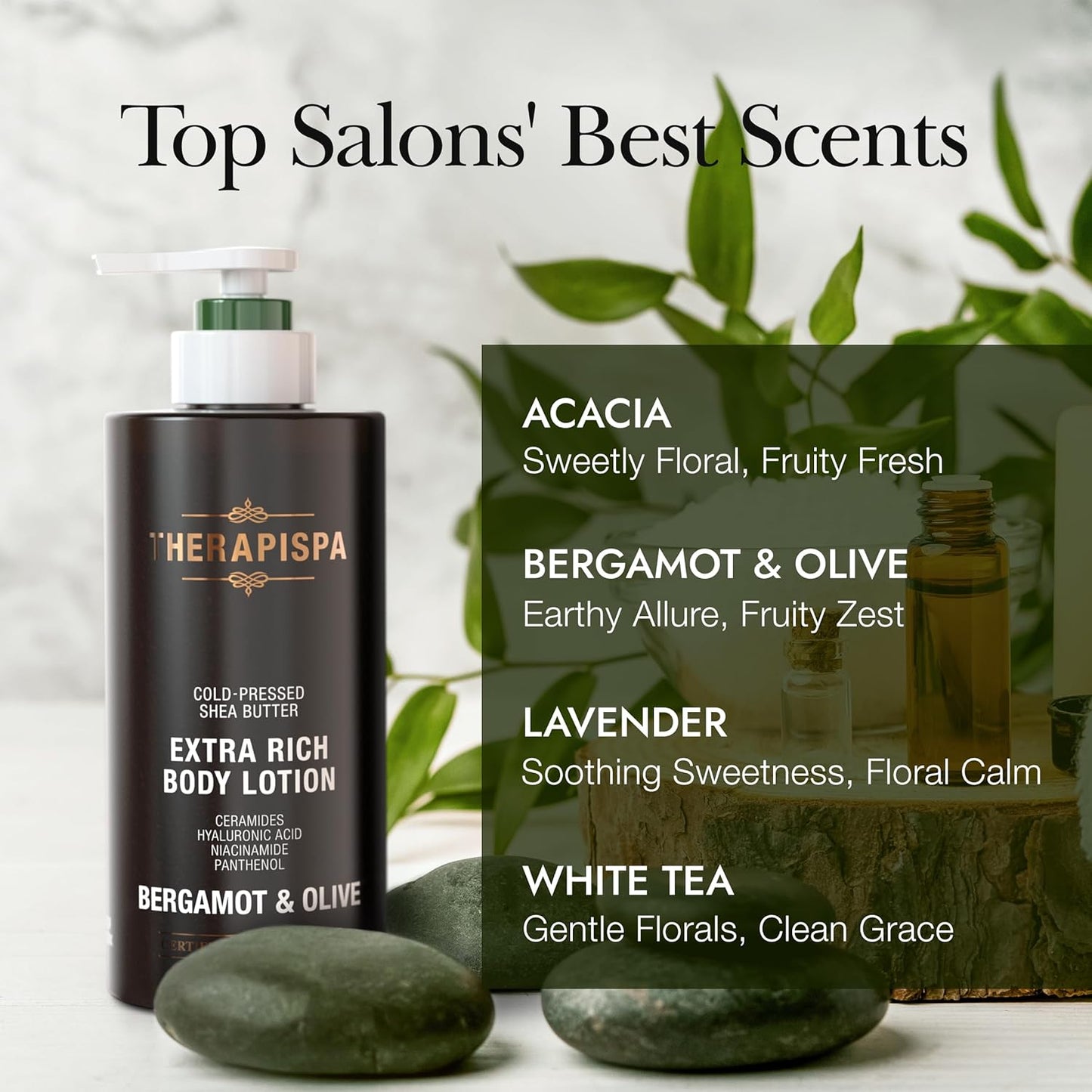 THERAPISPA Scented Body Lotion for Women – Deep Hydration & Refreshing Moisturizer with Shea Butter, Ceramides & Panthenol to Revive & Nourish Dry Skin (Bergamot & Olive, 17.0 fl oz)