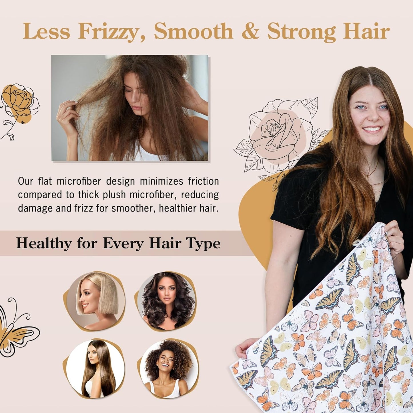 Microfiber Hair Towel Wrap for Women - Anti-Frizz Quick Dry Hair Wrap for Long Hair - Hair Towels for Women, Hair Drying Towel Wrap-Monarch Butterflies