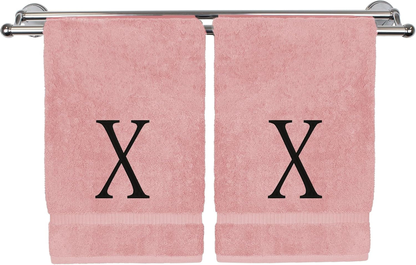 Monogrammed Hand Towel, Personalized Initial Gift, Extra Absorbent 100% Turkish Cotton - Soft Terry Finish - Set of 2 - Black Block Initial X - Embroidered on Pink Towels