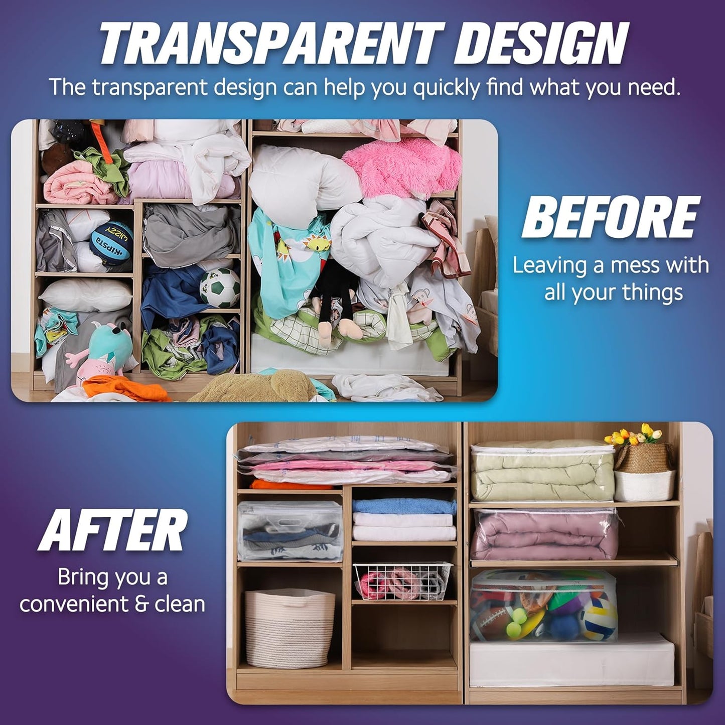 HIBAG 20 Gallon Large Storage Bag for Clothes, Zipper Clothing Storage Bag, Clear Organizer with Reinforced Handles, for Comforters Blankets Pillows Bedding (4 Pack)