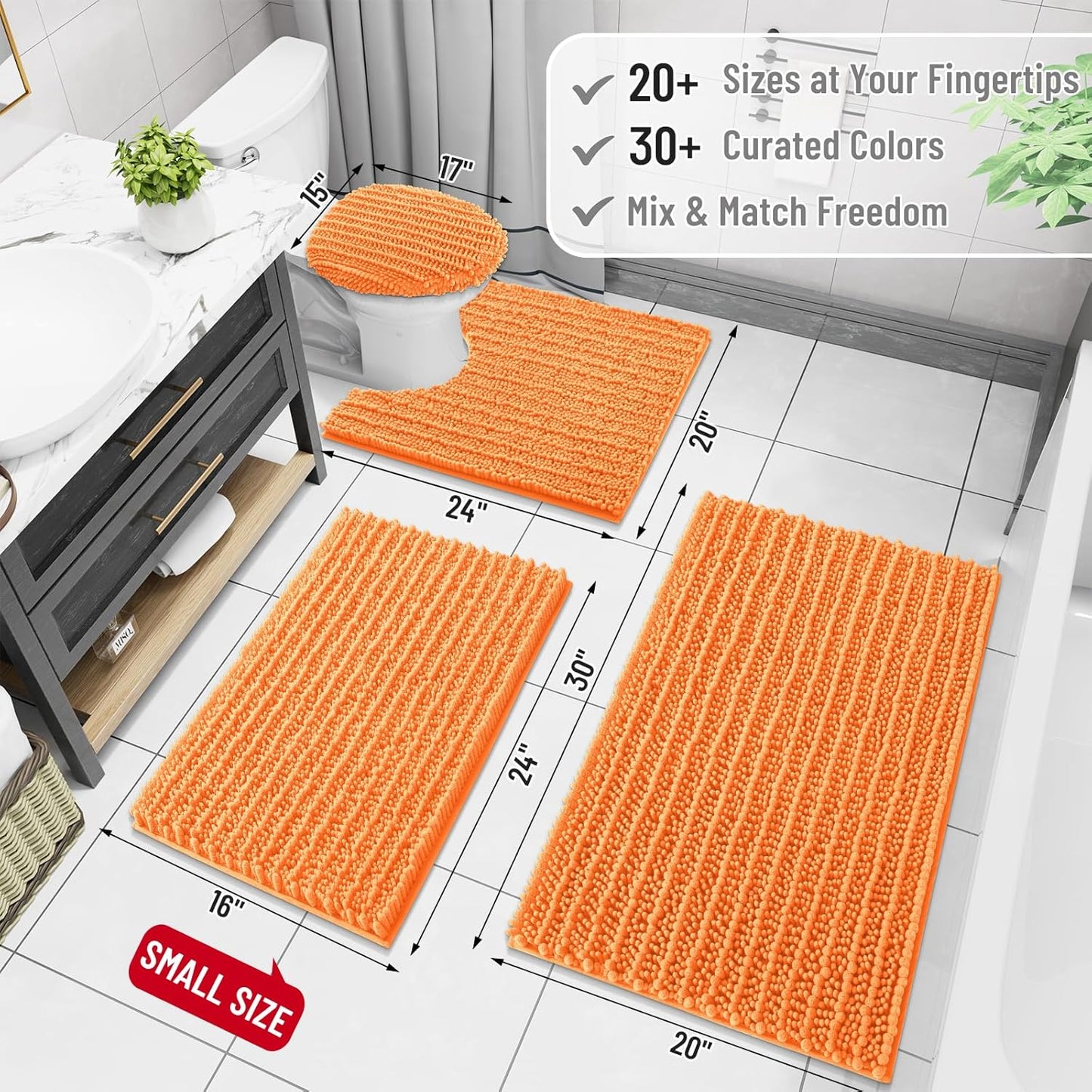 Arotive Luxury Chenille Bathroom Rug Mat, Extra Soft Thick Absorbent Shaggy Bath Rugs, Non-Slip Machine Wash Dry, Plush Bath Mats for Bathroom, Shower and Tub, 54x24, Orange