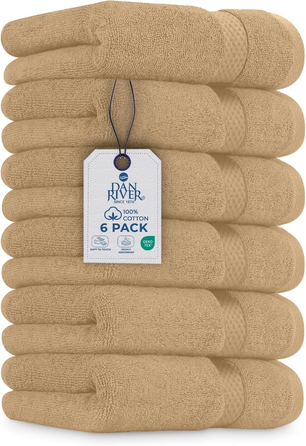 DAN RIVER 6-Pack Premium Hand Towels (16x28 Inches) - 100% Cotton, Ultra Soft, Lightweight, Highly Absorbent Towels for Bathroom, Spa, Gym, Salon, Hotel, and Travel - 550 GSM – Tan