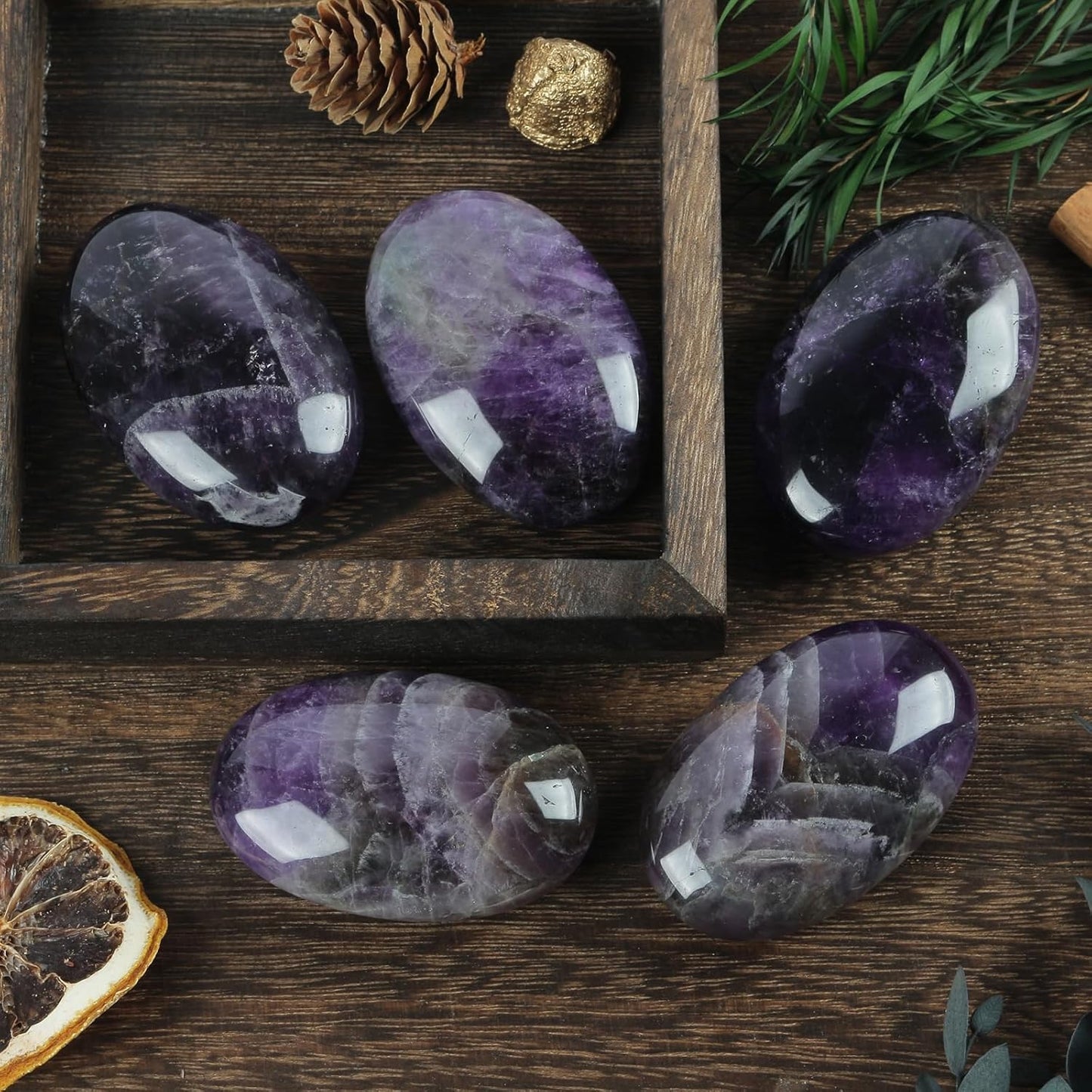 Natural Amethyst Oval Polished Worry Stones, Healing Crystal Indoor Fountain Stones Massage Energy Anxiety Relief Items