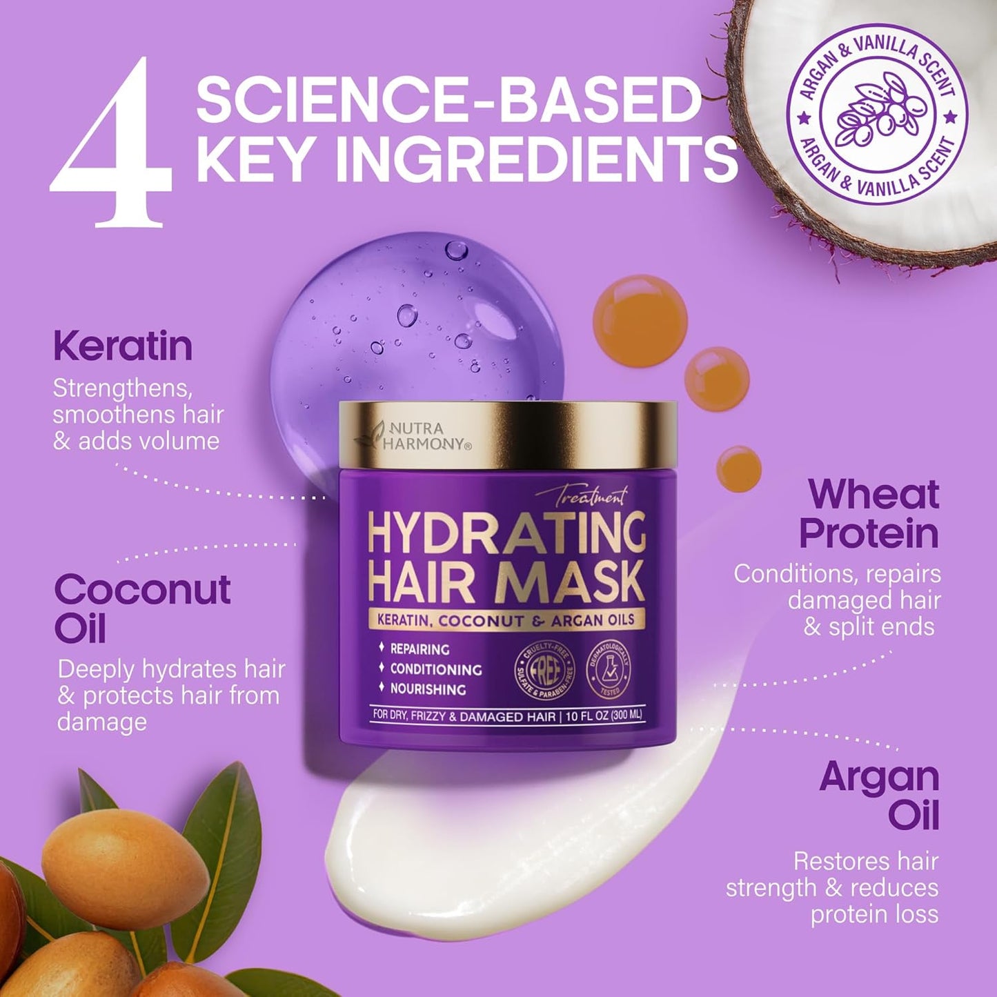 NUTRAHARMONY Hydrating Hair Mask for Dry, Frizzy & Damaged Hair – Deep Conditioning Keratin Treatment with Argan & Coconut Oils, Collagen & Biotin – Repairing, Anti-Frizz Hair Mask for Women, 10oz