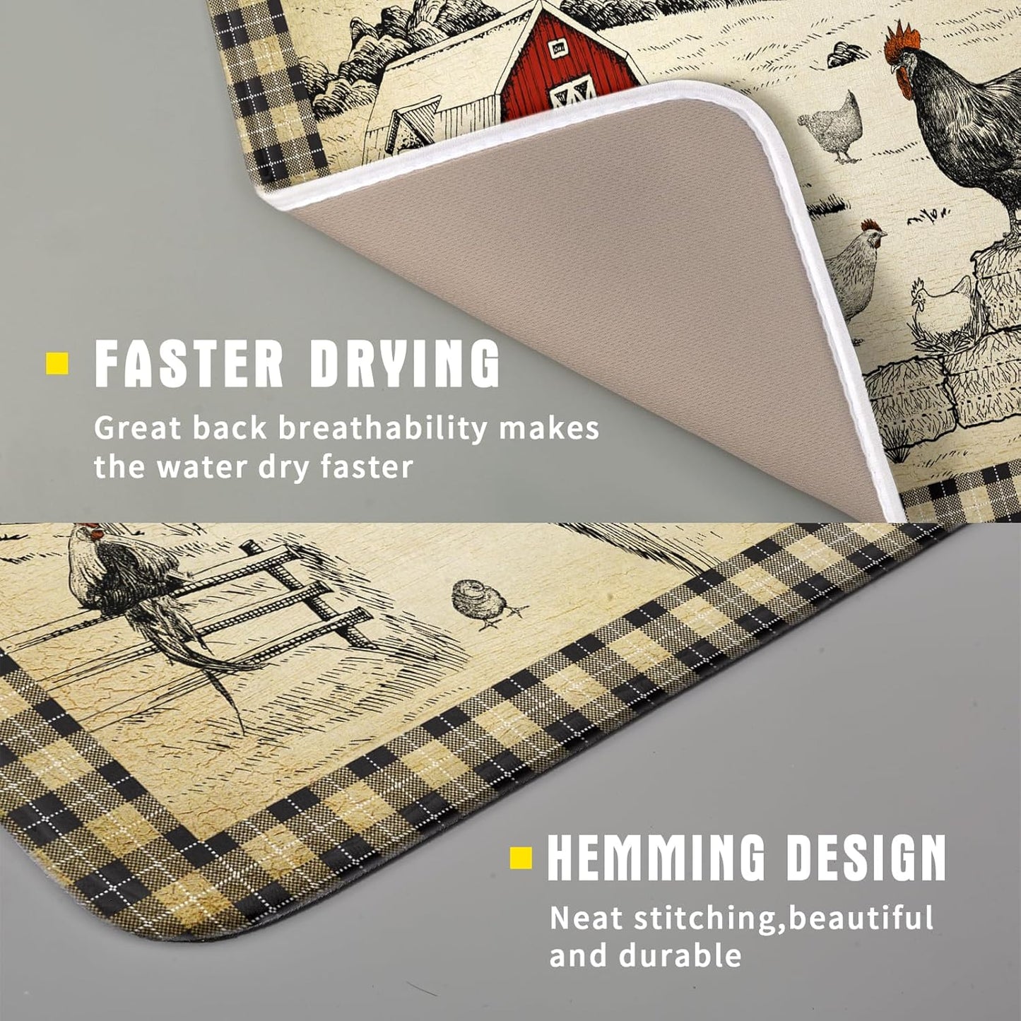 Farmhouse Rooster Dish Drying Mat 16x18 Inch Country Chicken Absorbent Dish Drainer Mat Reversible Countertops Protector Pad Kitchen Accessories