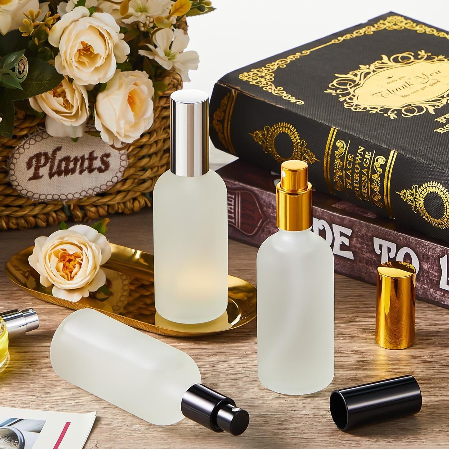 Roshtia 30 Pcs 3.4 oz/ 100 ml Black, Gold, Silver Glass Spray Bottle Refillable Perfume Atomizer Clear Decorative Empty Bottles with Fine Mist Sprayer Pump for Face Body Travel
