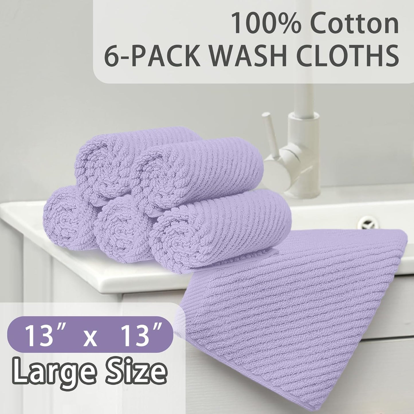Washcloths for Showering, 6PC Large 13"x13" - Lightweight | Quick Dry | Soft | Absorbent, Thick Cotton Washcloths for Face, Purple Hand Towel Set, Lavender Face Towel for Hotel, Bathroom Essentials