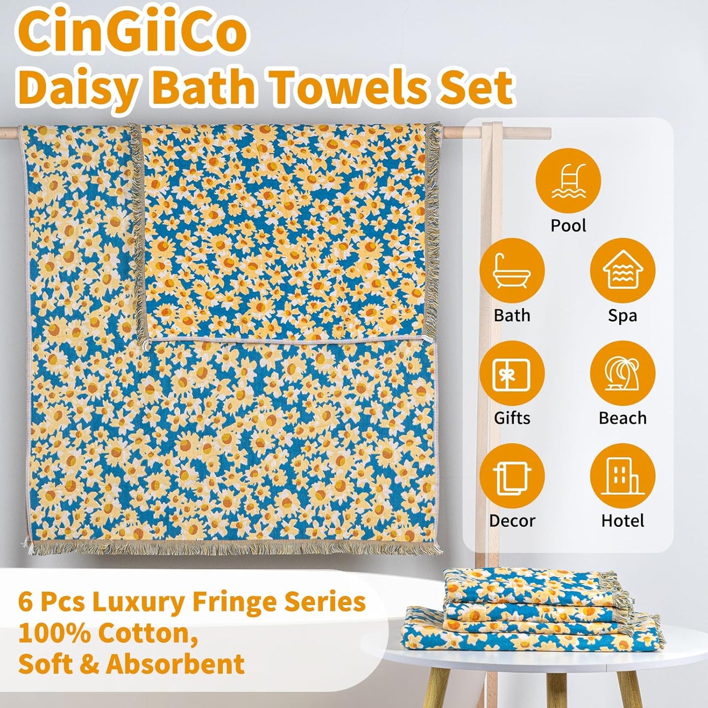 Bath Towels Set, Soft & Thick & Absorbent & Quick Dry, Hotel Towels for Bathroom Luxury, Beach Towel (Floral Dark Cyan, 2 Bath Towels+4 Hand Towels)