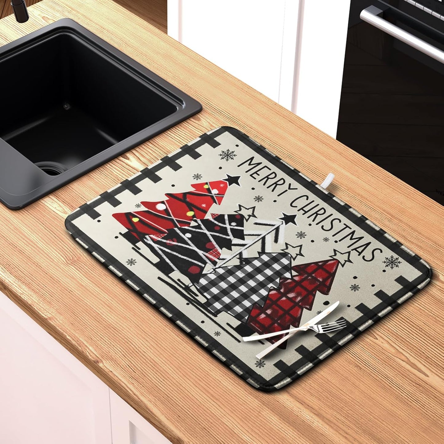 Merry Christmas Dish Drying Mats for Kitchen Counter 16x18 Buffalo Plaid Christmas Tree Microfiber Absorbent Drying Mat Seasonal Winter Holiday Drying Pad Dish Drainer Mat for Coffee Bar Sinks