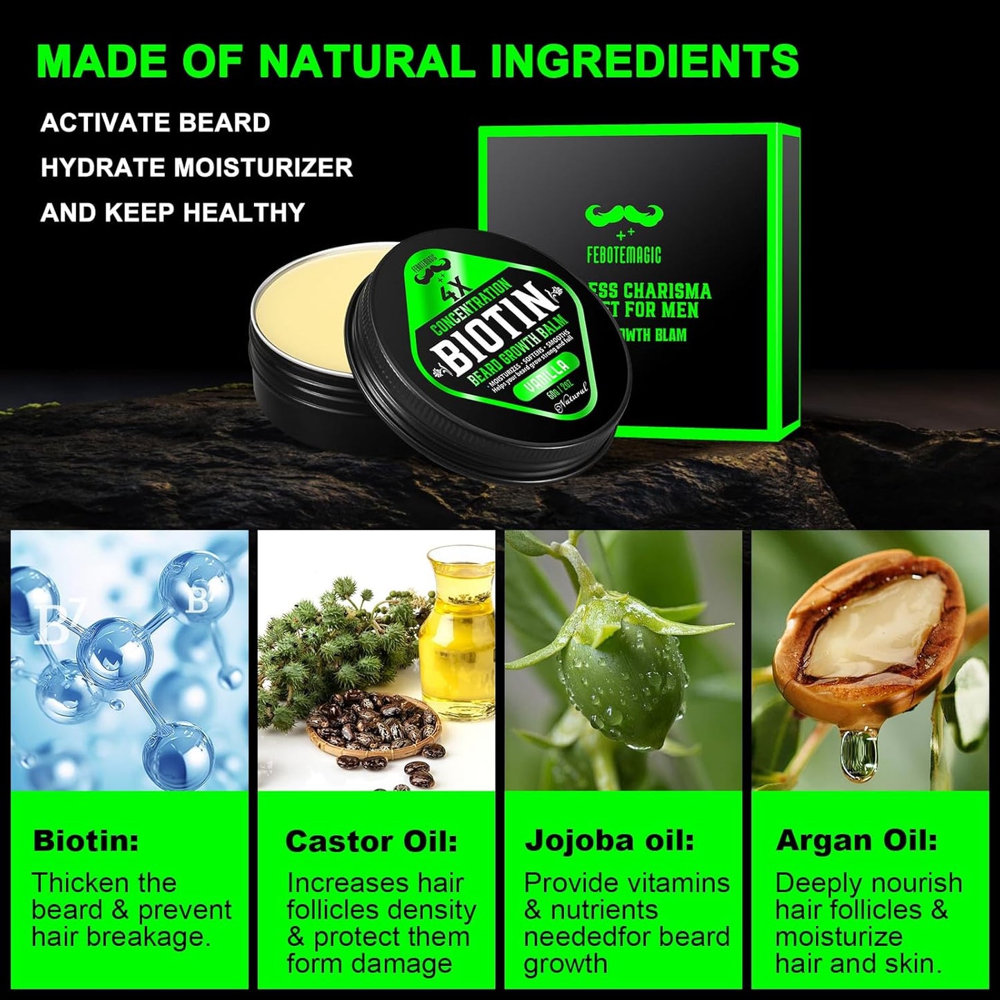 Biotin Beard Growth Balm for Men – Conditioning & Thickening Balm with Castor, Shea & Jojoba Oils – Non-Greasy, Softens & Nourishes for Fuller, Thicker Facial Hair – Vanilla Scent – 2 oz