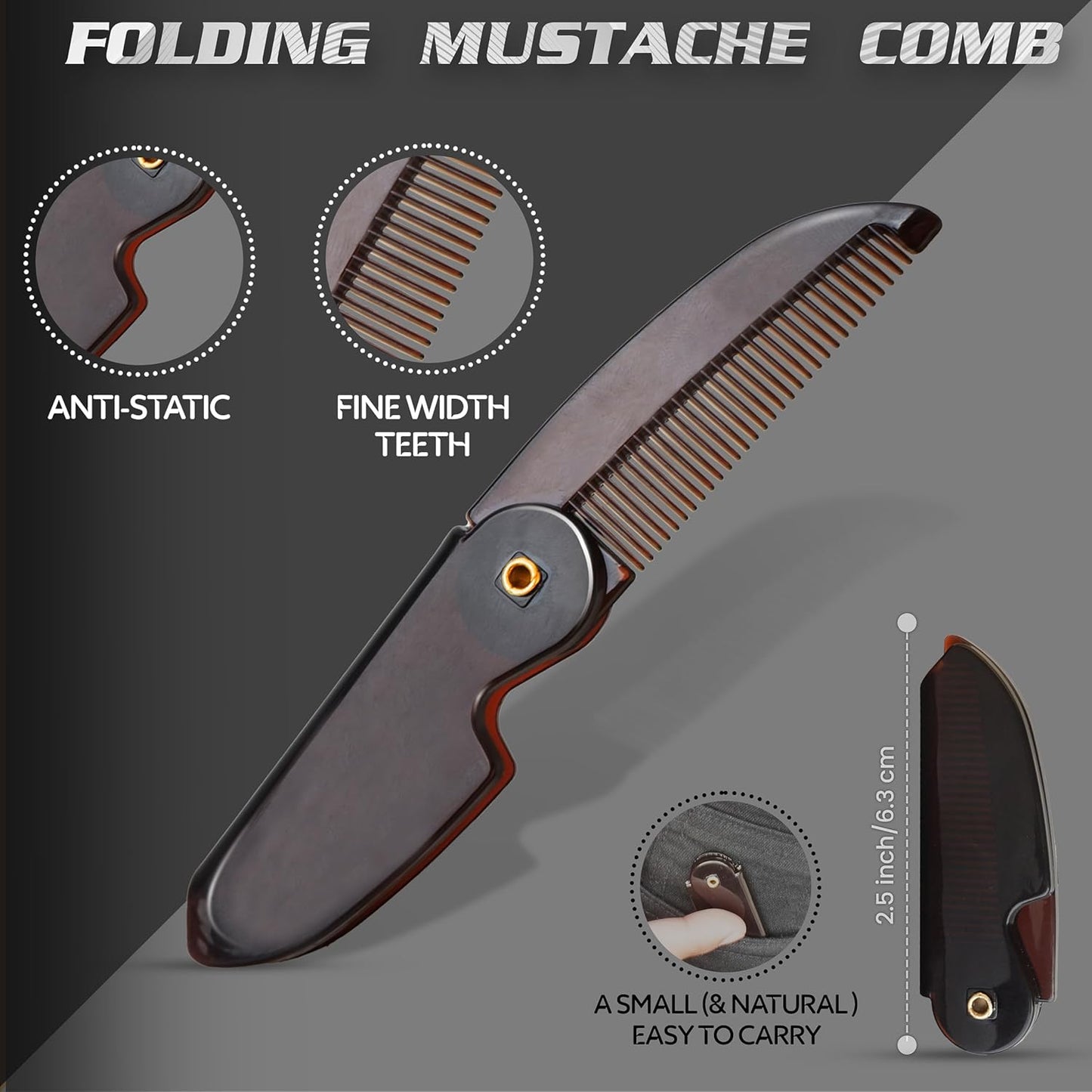 5'' German Beard Mustache Scissor- 2 Mustache Combs for Facial Hair with Beautiful Pouch -Beard Trimming Scissors for Grooming, Cutting, and Styling of Mustache (Black with Folding Comb)