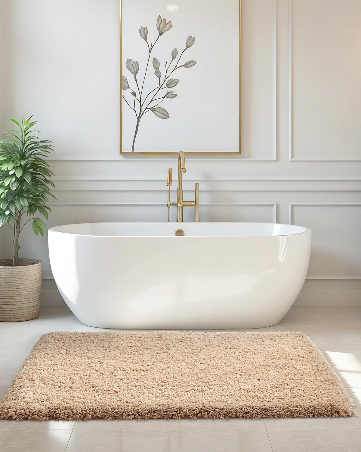 ILANGO Beige Bathroom Rugs 70" × 24" Non Slip & Super Absorbent Extra Thick Soft, Washable Bath Carpet Runner for Floor, Microfiber Plush Shaggy Bath Mats with Rubber for Bedroom Bathtub Shower Room