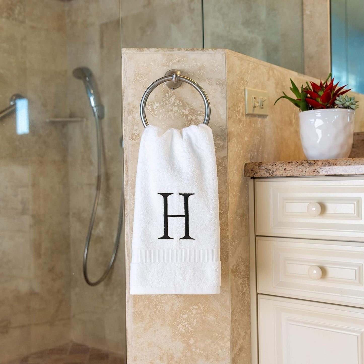 White and Black Monogrammed Hand Towel - Monogram Initial Hotel Quality Decorative Embroidered Luxury Towel for Powder Room, Spa - GOTS Organic Certified - Set of 2 Letter H