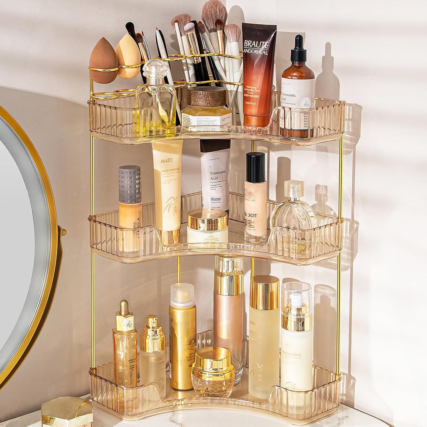 NATURE'S SOURCE Makeup Organizer for Vanity, 3-Tier Corner Bathroom Organizer Countertop with Makeup Brush Holder, Corner Counter Storage for Bathroom Dresser- Amber Gold