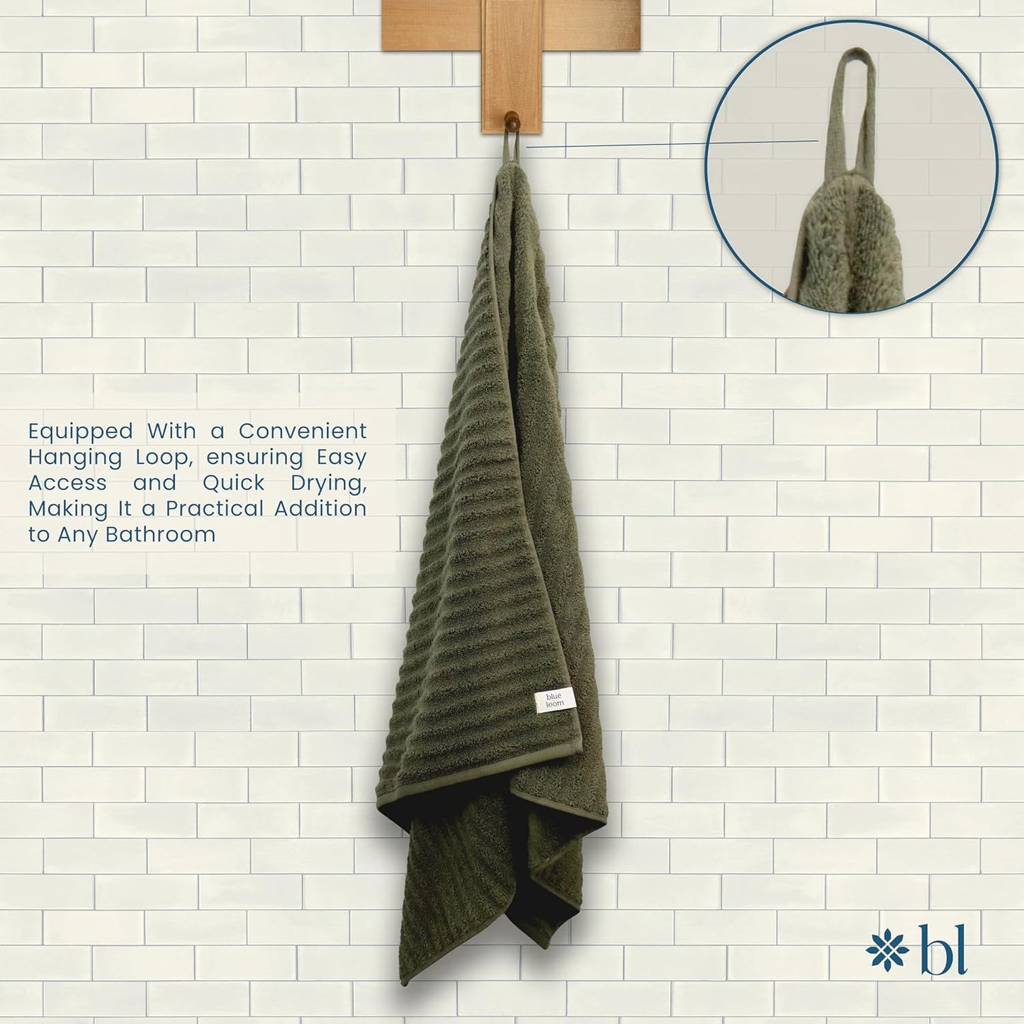 Blue Loom Ribbed Bath Sheet & Towel, 100% Cotton 600 GSM, Soft Absorbent Durable Quick Drying Bath Sheet & Bath Towel Set for Bathroom - Mason Set of 2 Moss Green (65" x 45" & 58" x 30")