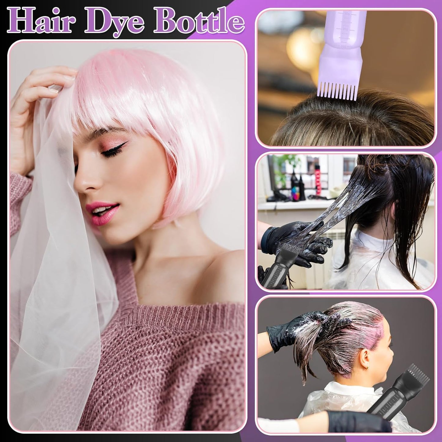 2 Pack Hair Oil Applicator Bottle for Scalp with Massage Comb,6 OZ Hair Oil Bottle with Root Comb for Scalp, Shampoo Scrubber Applicator,Hair Dye Tools(Black, purple)