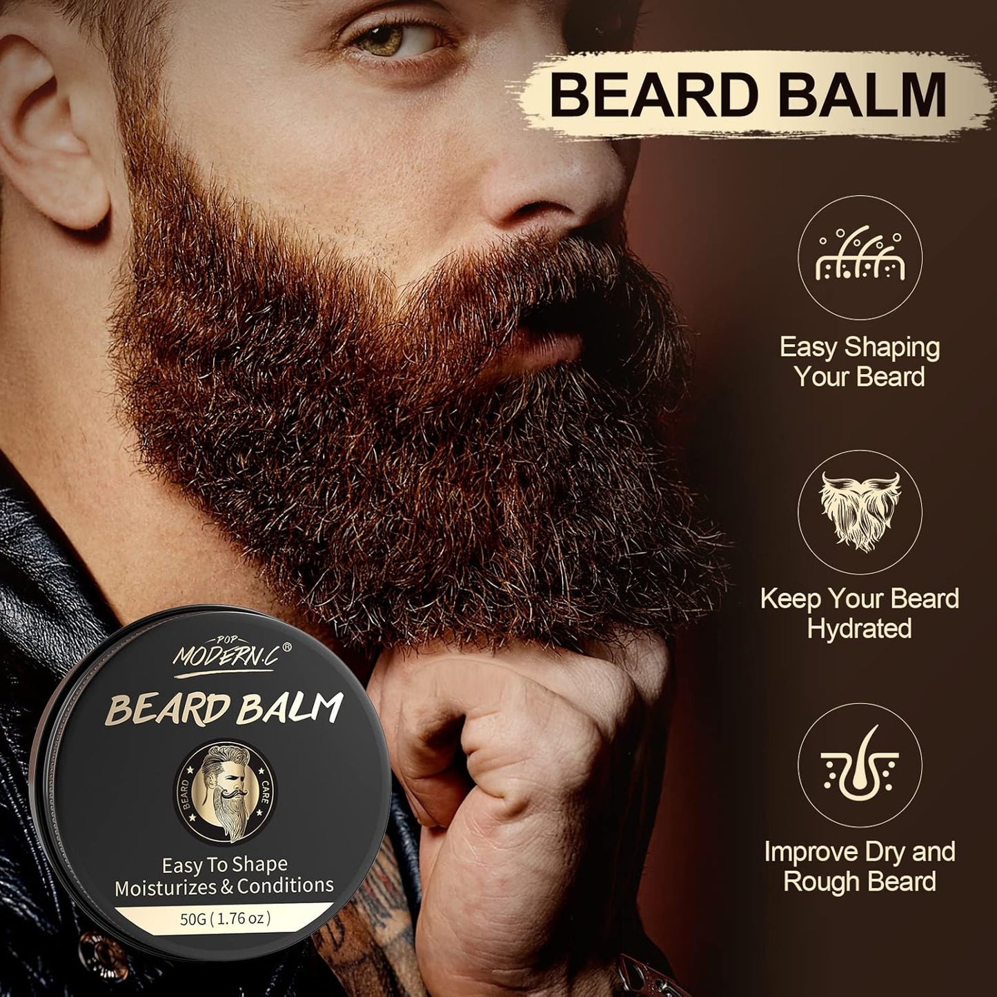 POP MODERN.C Beard Growth Kit Beard Grooming Kit 6pcs Beard Wash Shampoo Beard Oil Beard Balm Beard Comb Brush Scissors