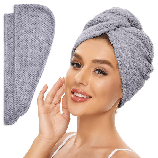 2 Pack Microfiber Hair Towel Wrap for Women, Anti Frizz Quick Drying Hair Turban for All Hair Style, Absorbent and Lightweight (Grey)