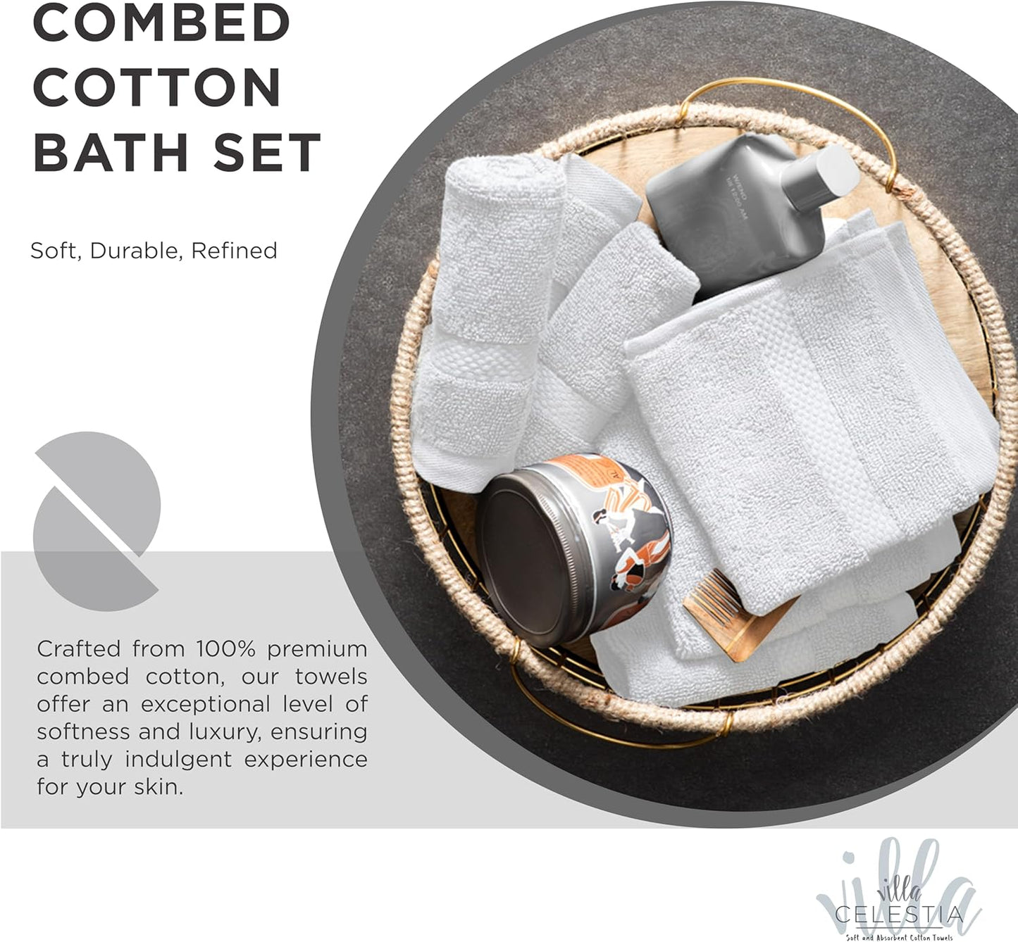 100% Combed Cotton Bathroom Towel Set of 8- 2 Bath Towels, 2 Hand Towels, 4 Wash Cloths, Sustainable, Soft, Highly Absorbent 8 Piece Cotton Bath Towel Set Ideal for Hotels, Spa, Bathroom, Dorm, White