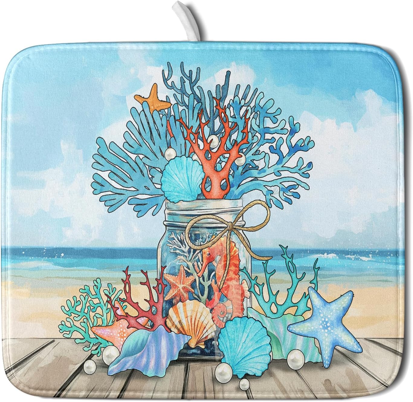 Coastal Coral Dish Drying Mat 16x18 inch Starfish Shell Fast Dry Microfiber Dish Rack Mats Drainer Pad for Countertop Kitchen Table Decor