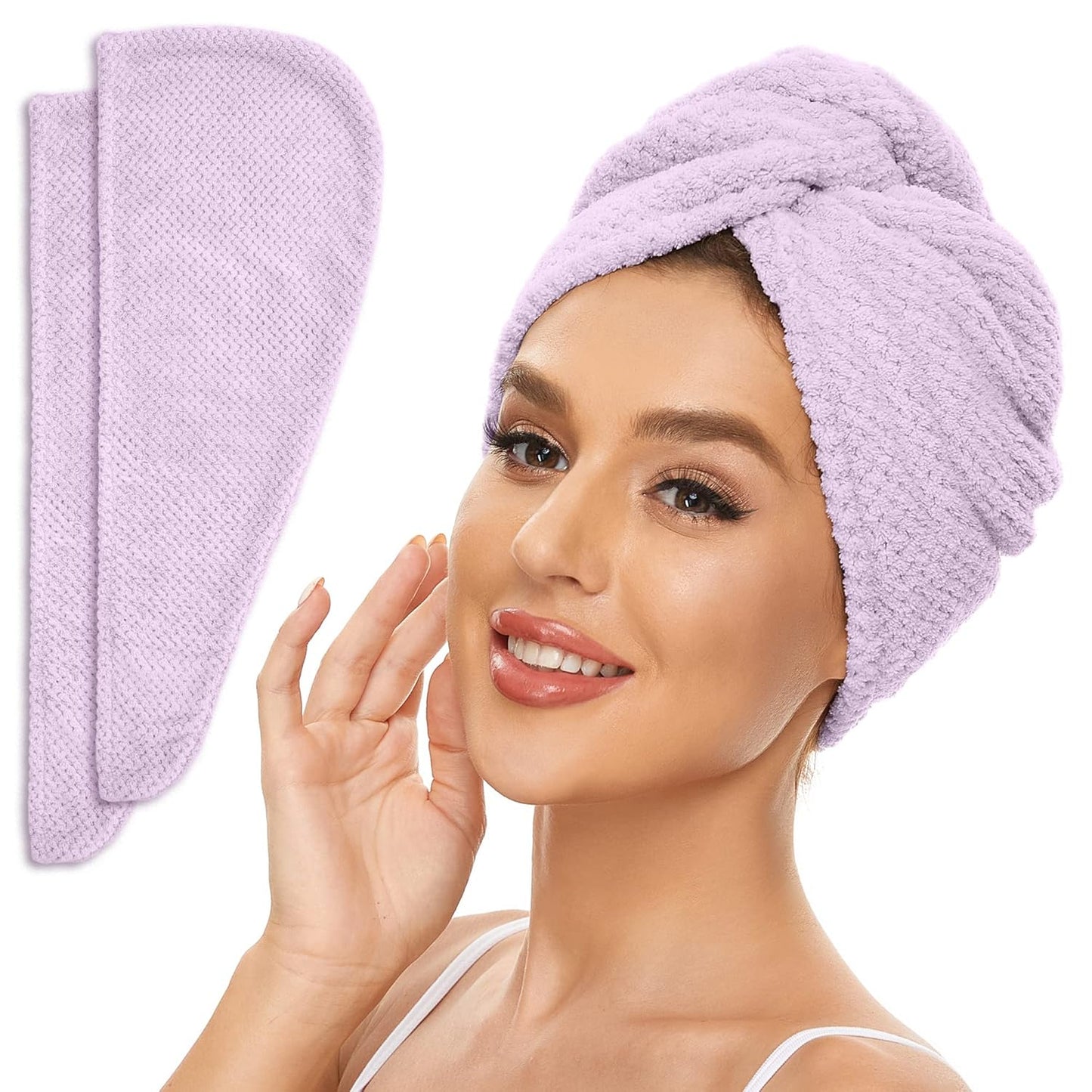 2 Pack Microfiber Hair Towel Wrap for Women, Anti Frizz Quick Drying Hair Turban for All Hair Style, Absorbent and Lightweight (Light Purple)
