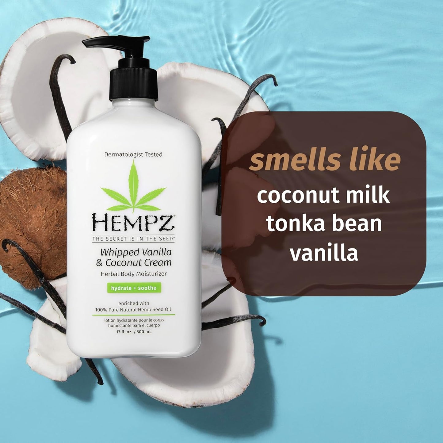 Hempz Whipped Vanilla & Coconut Cream Body & Hand Lotion, Vegan Formula, for Men or Women, 17 oz.