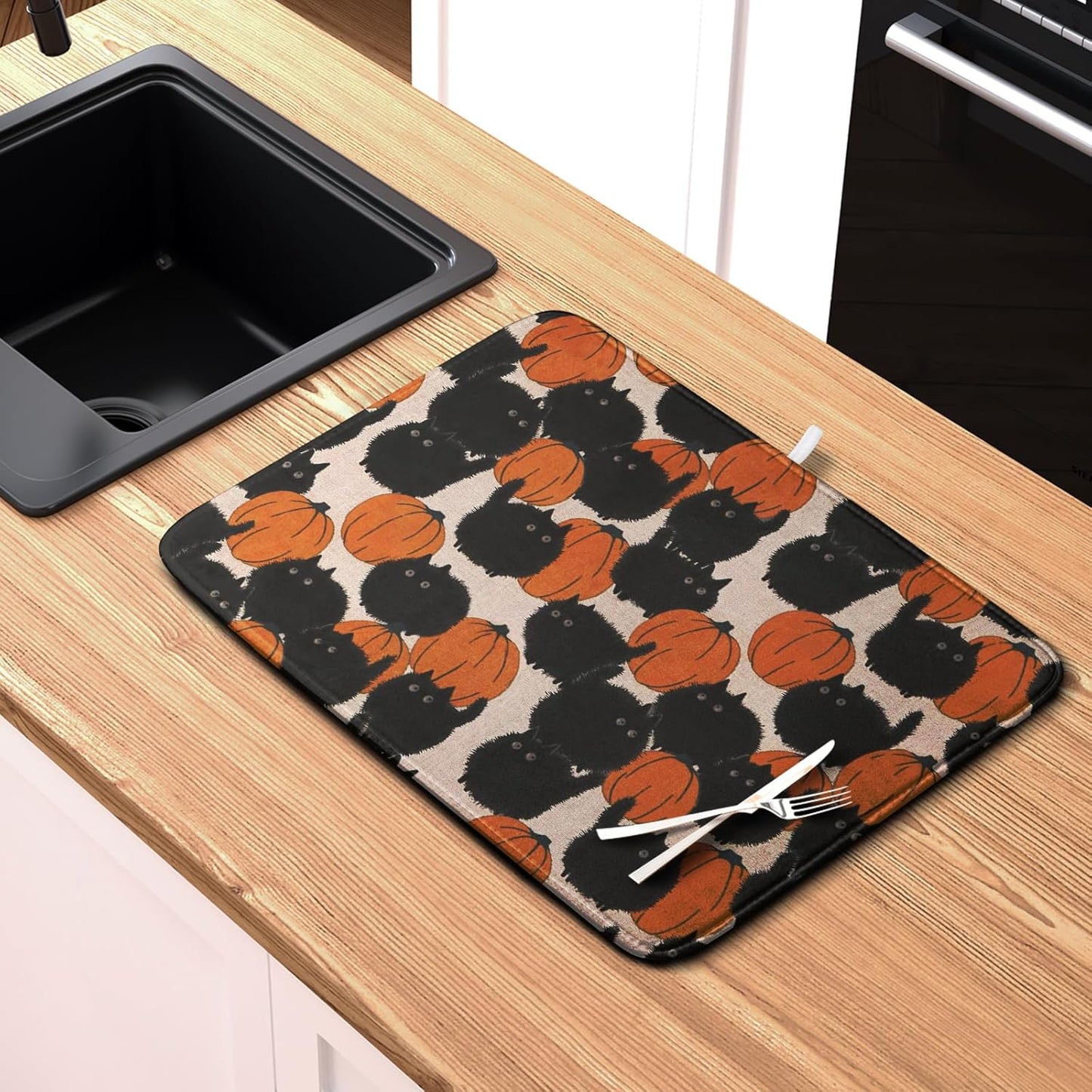 Happy Halloween Dish Drying Mat for Kitchen Counter 16x18 Inch Cute Pumpkin Black Cat Trick or Treat Drying Mats Large Microfiber Absorbent Dish Rack Pad for Coffee Bar Sinks Home Accessories