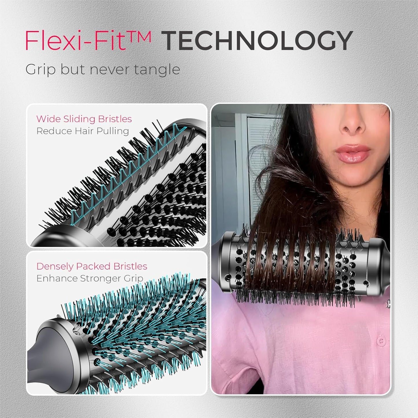 TYMO Thermal Brush Curling Brush - STYLUX 1.7 Inch Blowout Volumizer with Flexi-Fit for Hair Straightening, Heated Round Styler Tool, Hair Straightener and Curler 2 in 1, Dual Voltage, Metallic Gray