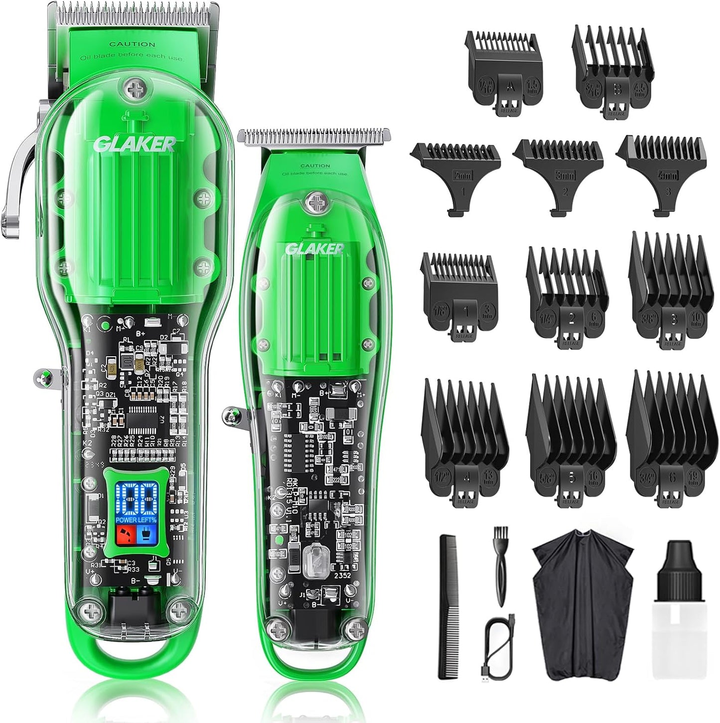 GLAKER Hair Clippers for Men Professional - Cordless Clippers and Trimmers Set, Complete Barber Kit for Hair Trimming & Beard Grooming, Mens Haircutting Kits for Blending & Fade Cuts (Green)