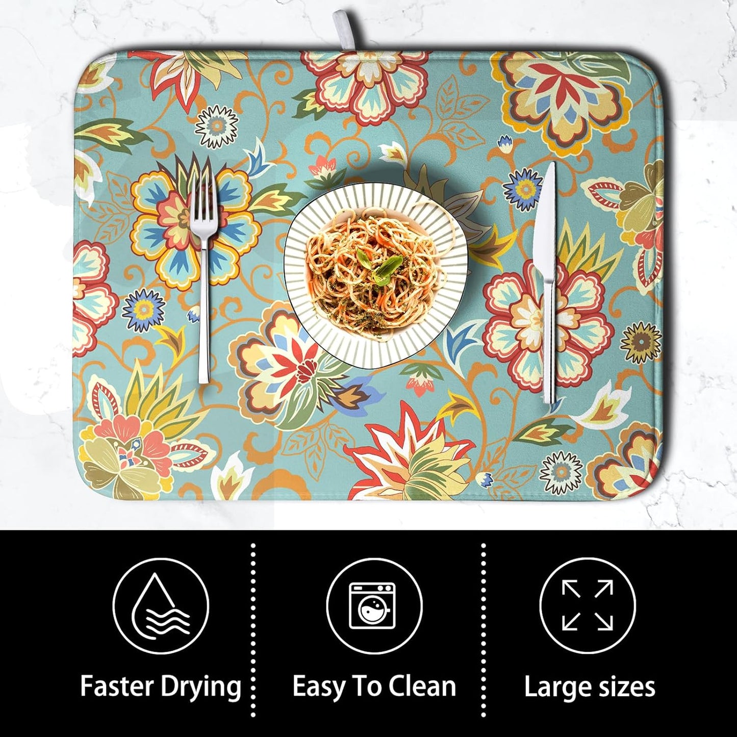 Boho Floral Kitchen Dish Drying Mat for Dishes 18x24 Inch Vintage Mandala Colorful Flowers Drying Mat Green Bohemian Dish Drainer Mat Super Absorbent Dish Rack Pad for Coffee Bar Sinks